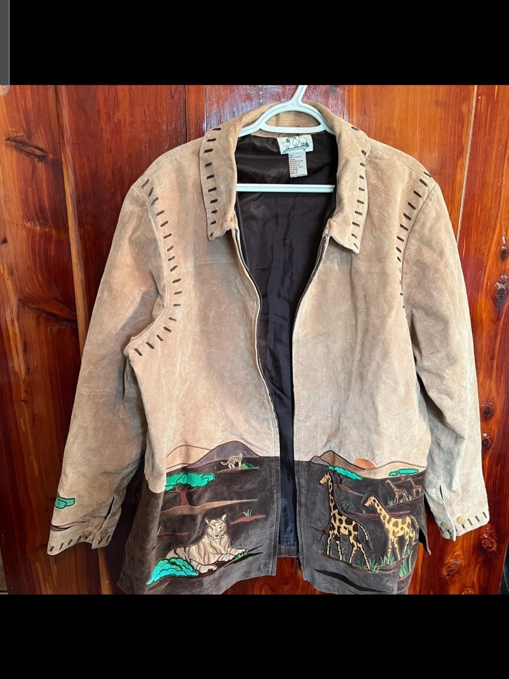 Embroidered Tan Suede Bomber Jacket with Safari Motif